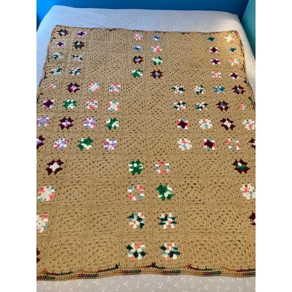 Handmade Granny Square Crocheted Blanket‎ Tan w Multicolored Squares 50 x 60